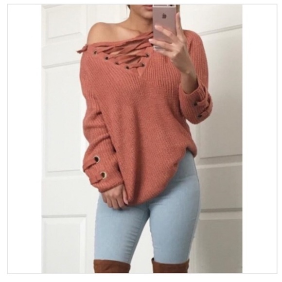 Sweaters - 2/$20 Juliette burnt orange lace front sweater